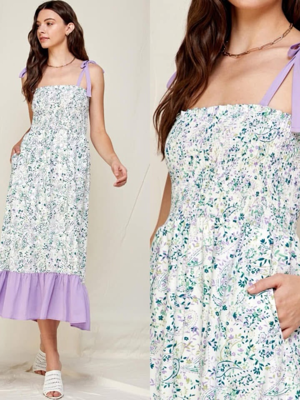 Smocked Floral Midi Dress with Lilac Tie Straps